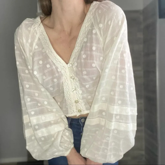 Free People Ivory Long Balloon Sleeve Blouse Top XS - Picture 2 of 8